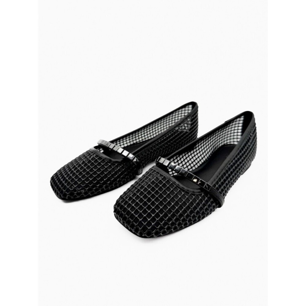 Sanctuary Chic Mesh Mary Jane Ballet Flats Square Toe Studded Black 7.5 NEW